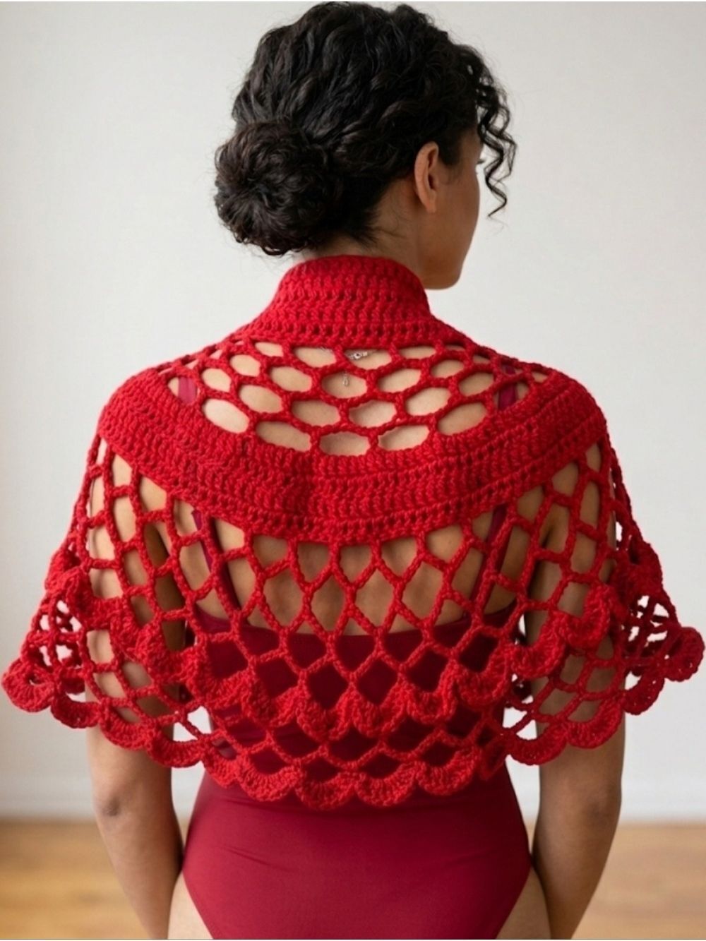 HAND CRAFTED Open-Knit Red Crochet Shrug Sweater 5-way Acrylic Summer Piece